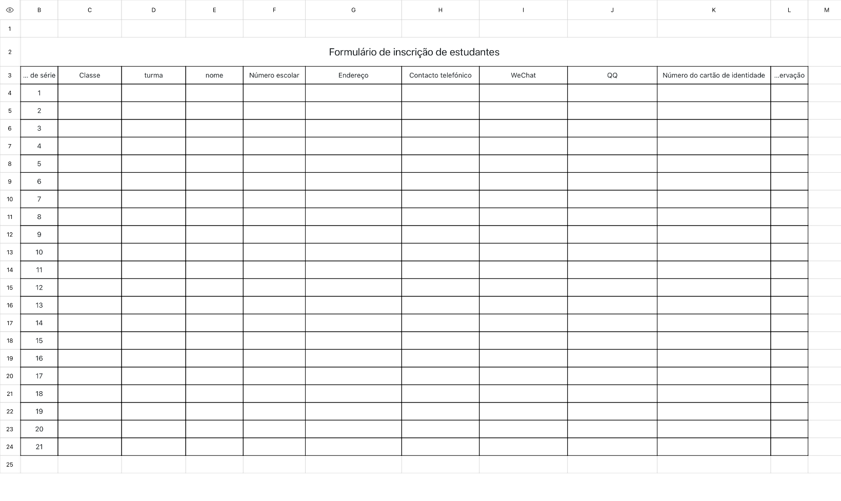 Formulário de inscrição de estudantes